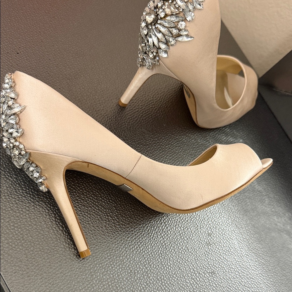 Badgley Mischka Embellished Peep Toe Heels - Nude - Picture 3 of 4